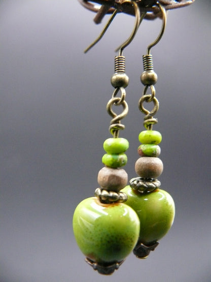 Ceramic and wood bead dangle earrings