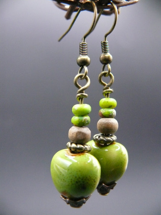 Ceramic and wood bead dangle earrings