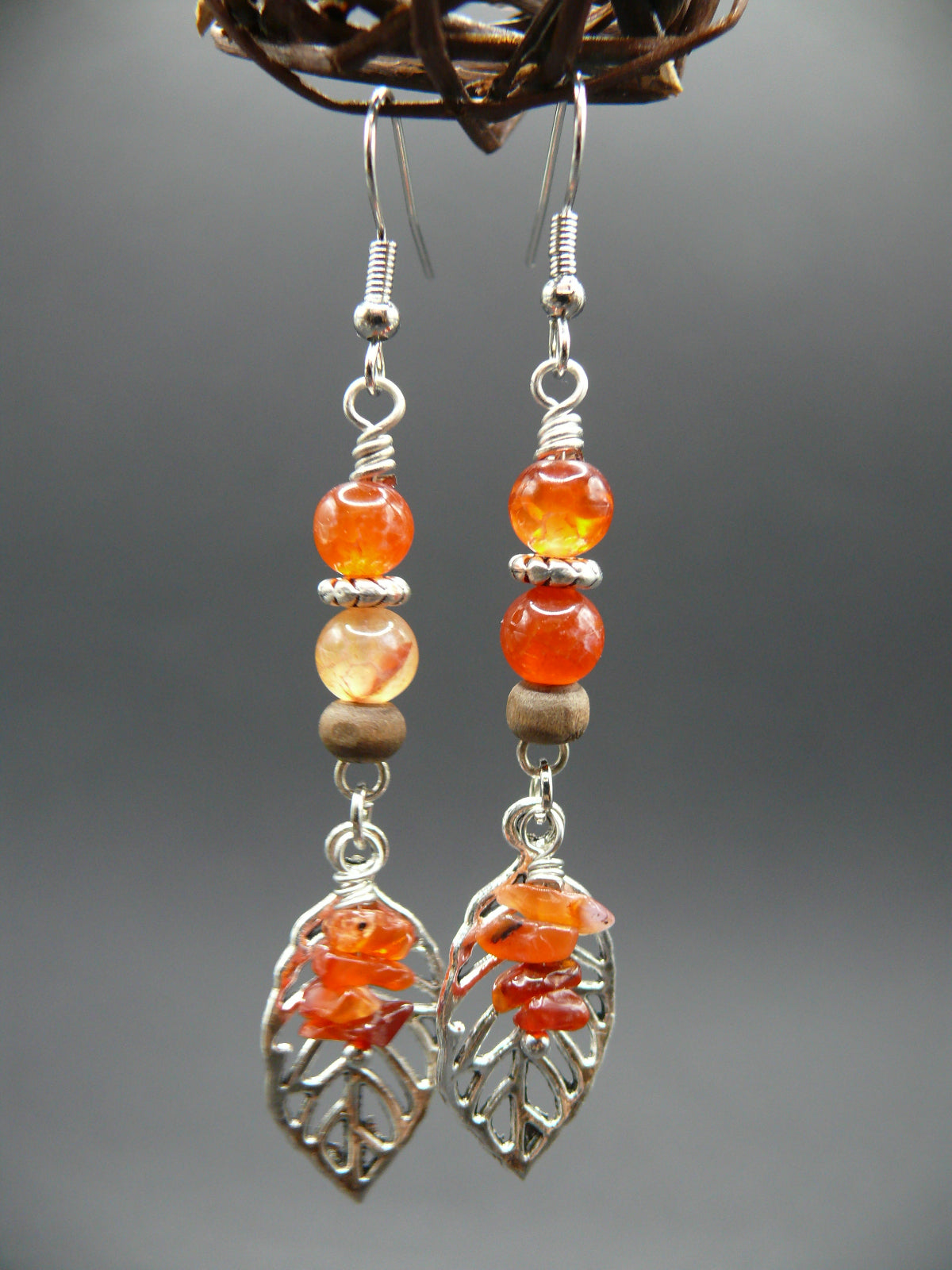 Fire agate gemstone leaf dangle earrings