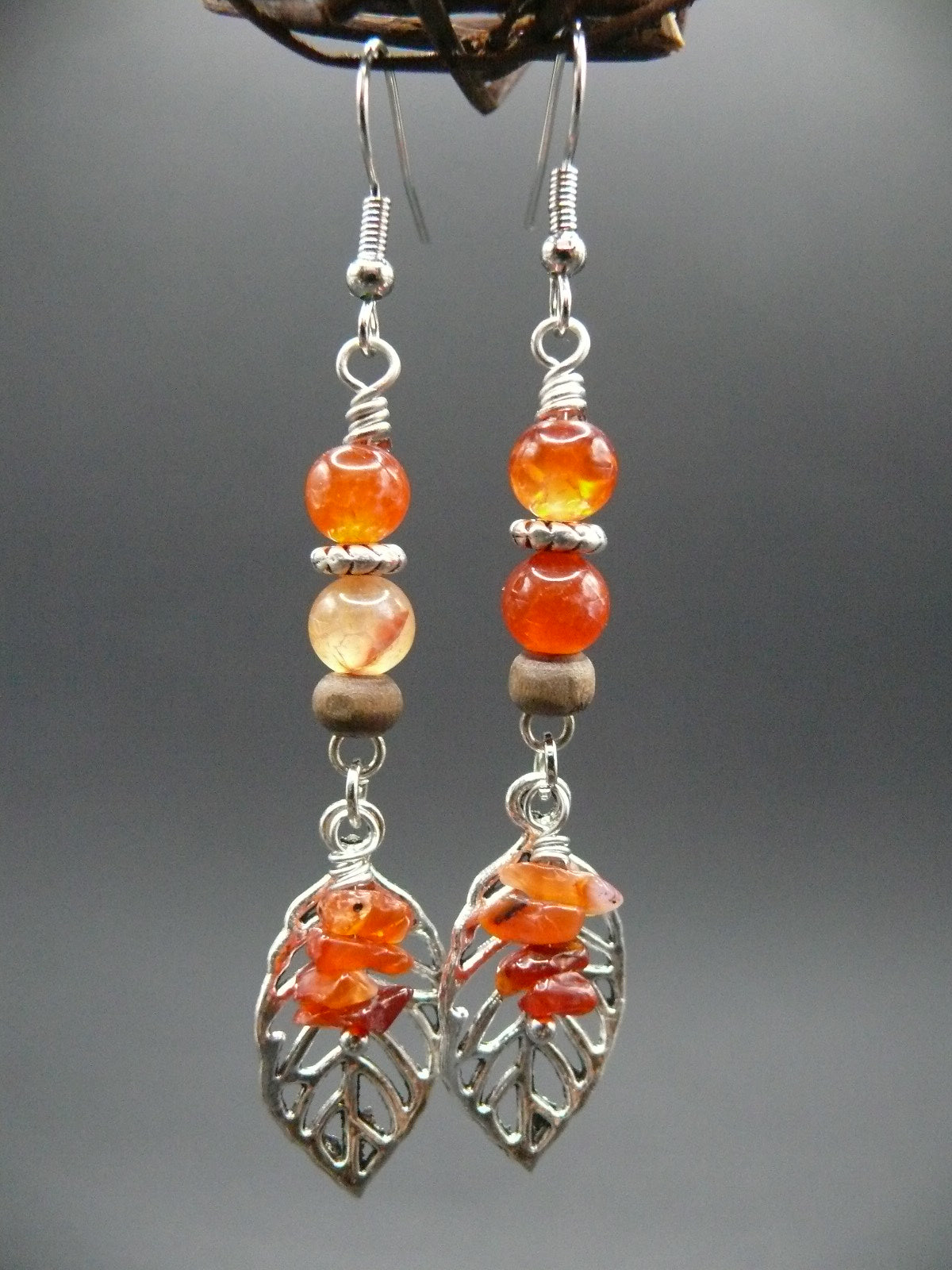 Fire agate gemstone leaf dangle earrings