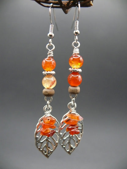 Fire agate gemstone leaf dangle earrings