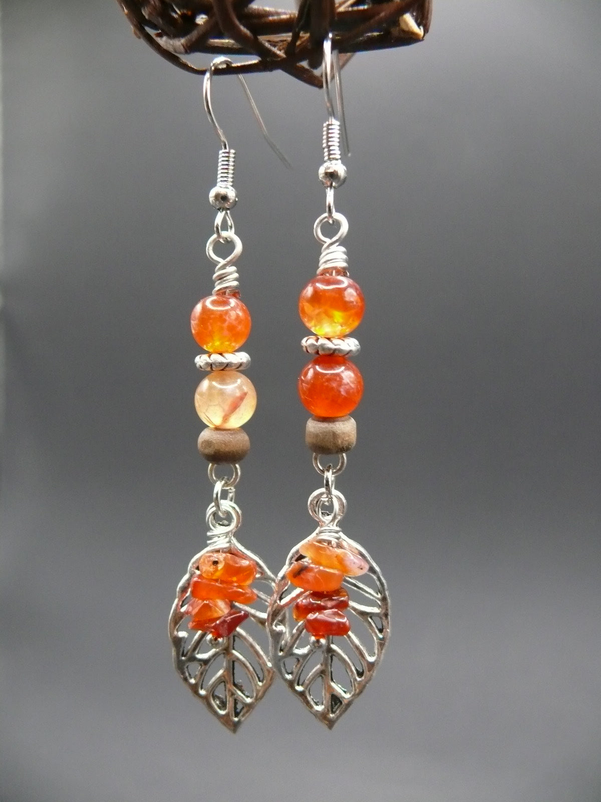 Fire agate gemstone leaf dangle earrings