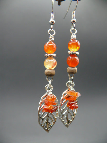 Fire agate gemstone leaf dangle earrings