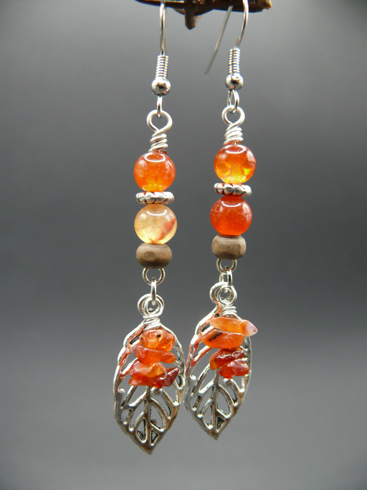 Fire agate gemstone leaf dangle earrings