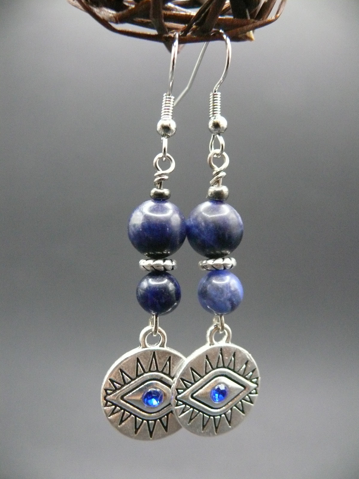 Sodalite and evil eye dangle earrings