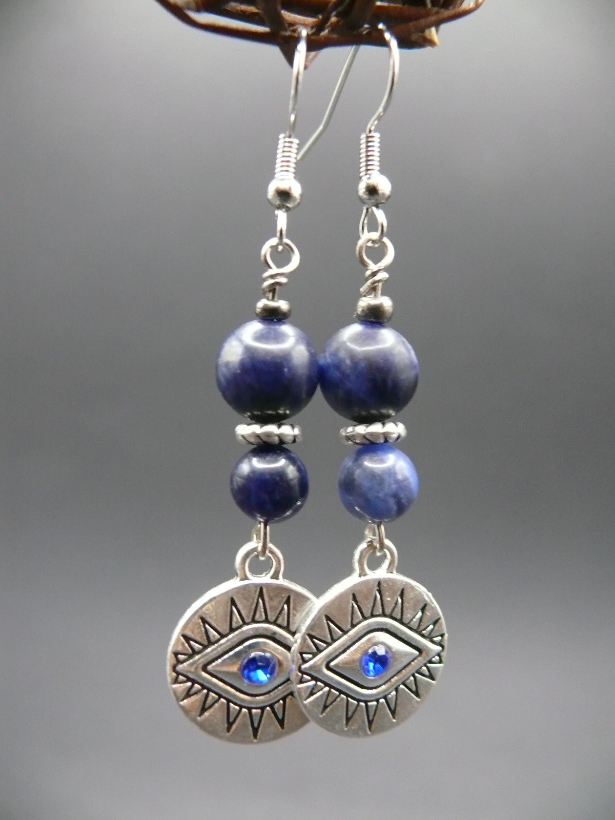 Sodalite and evil eye dangle earrings