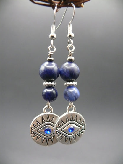 Sodalite and evil eye dangle earrings