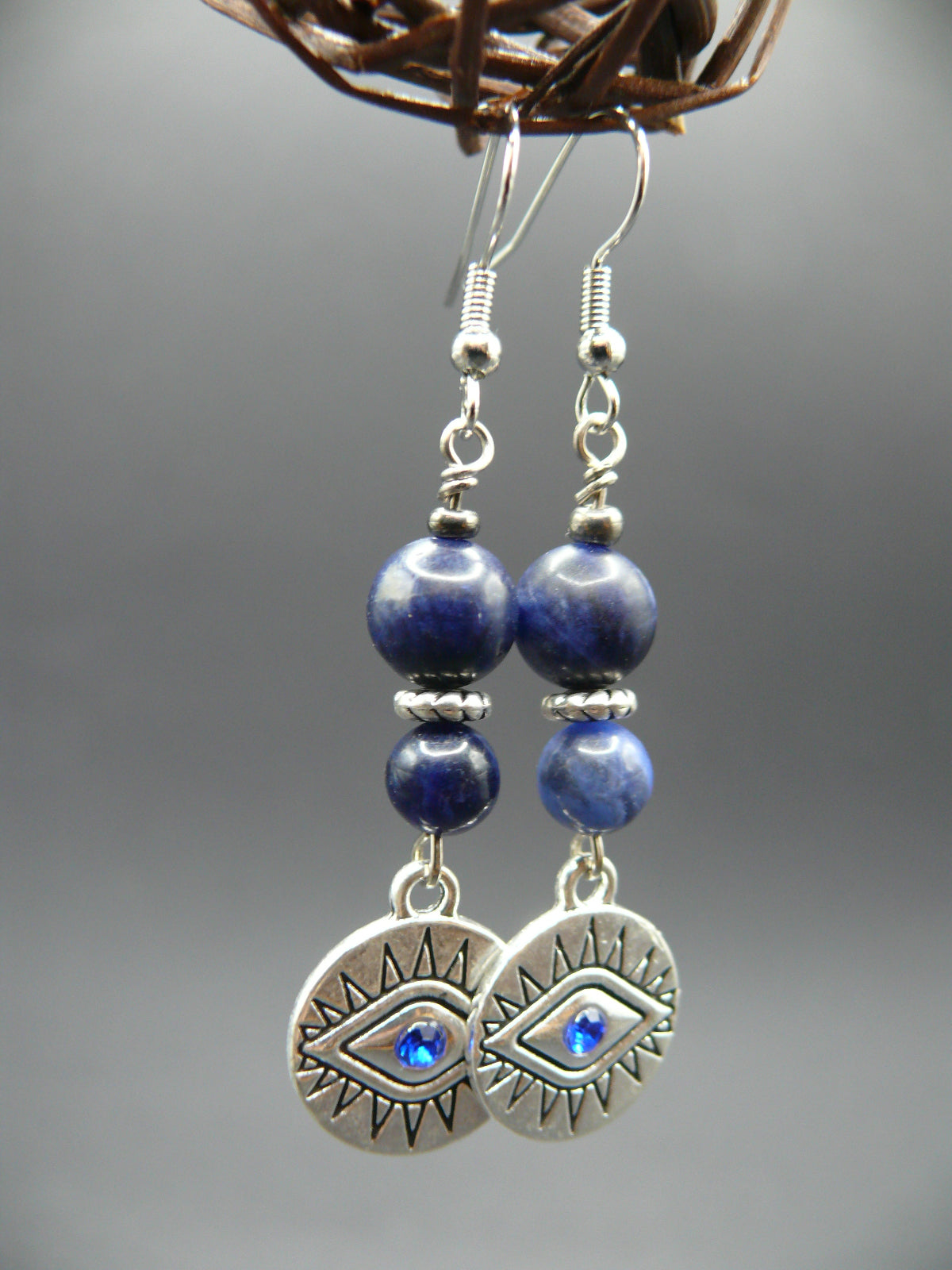 Sodalite and evil eye dangle earrings