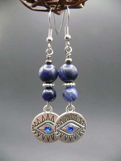 Sodalite and evil eye dangle earrings