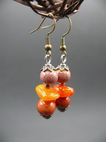 Amber and ceramic bead dangle earrings