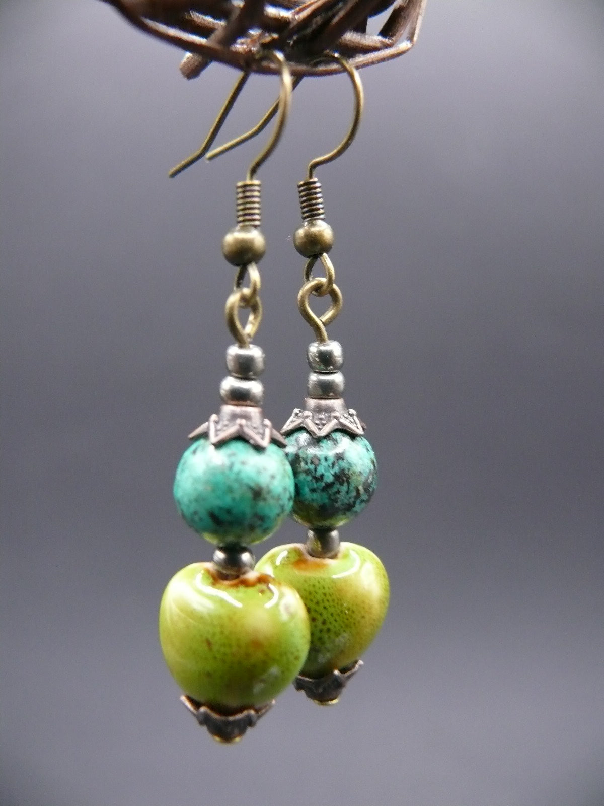 African turquoise and ceramic bead dangle earrings