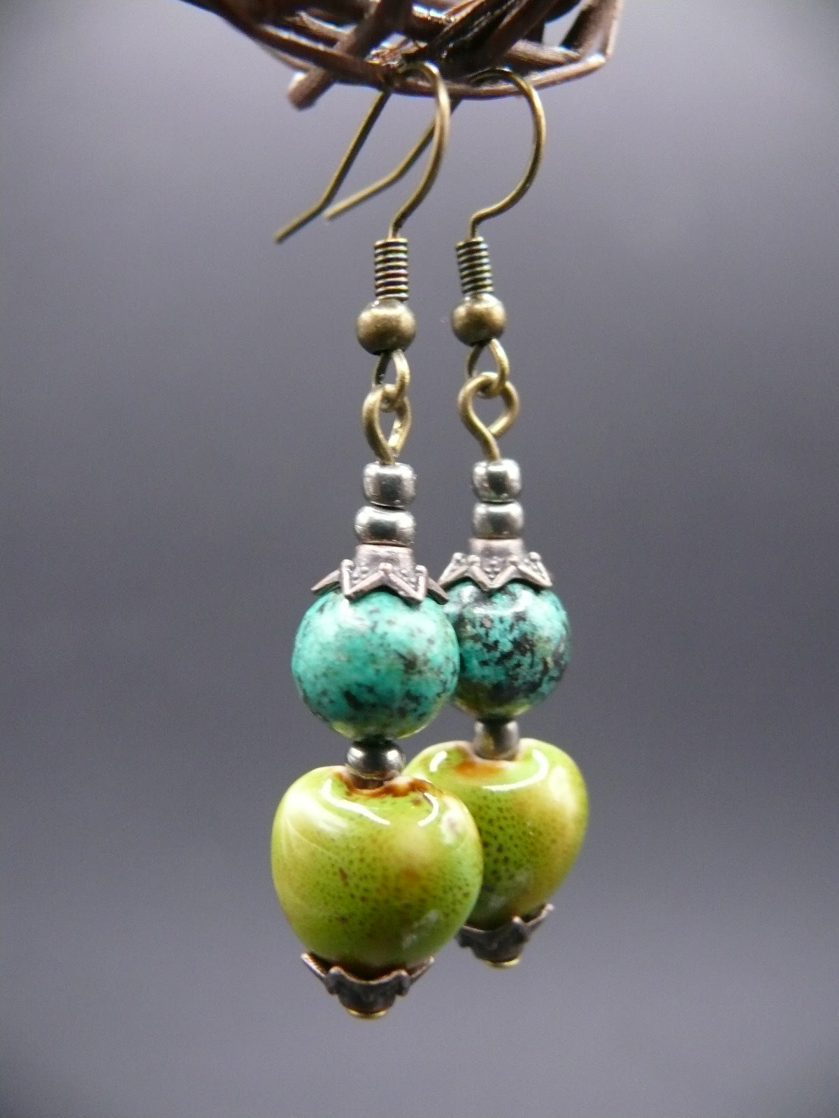 African turquoise and ceramic bead dangle earrings