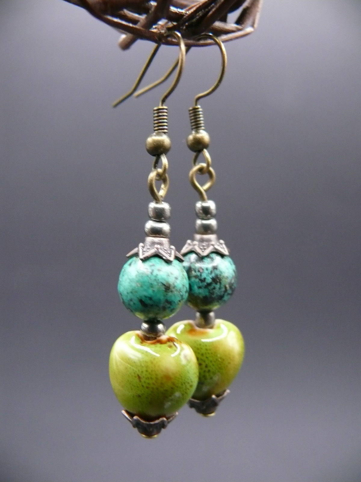 African turquoise and ceramic bead dangle earrings