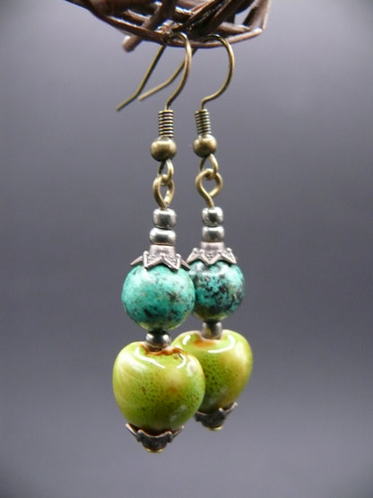 African turquoise and ceramic bead dangle earrings