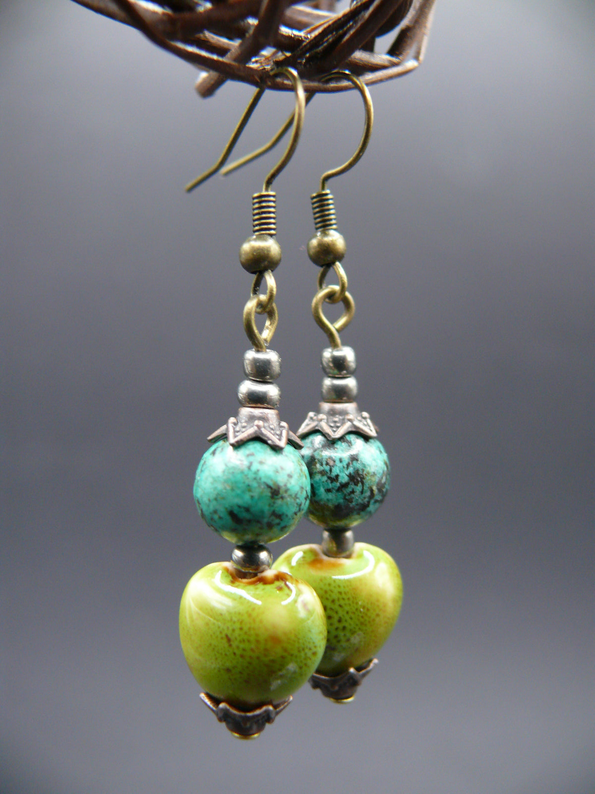 African turquoise and ceramic bead dangle earrings