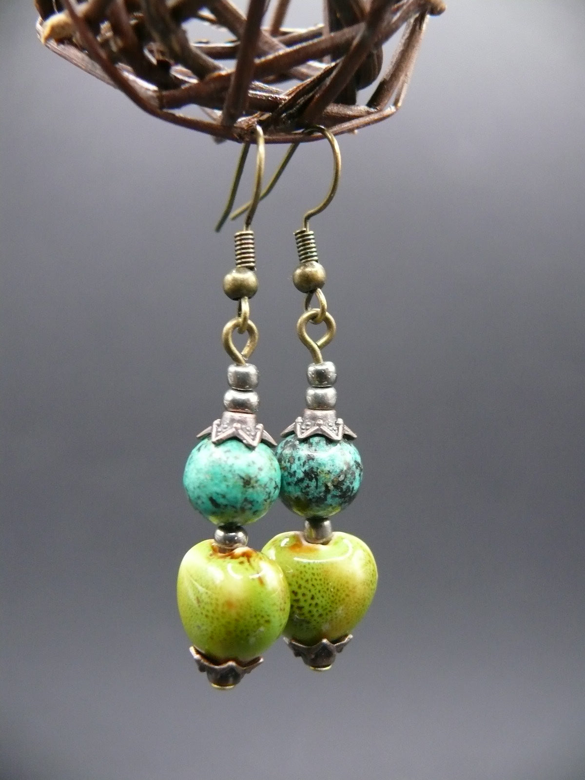 African turquoise and ceramic bead dangle earrings