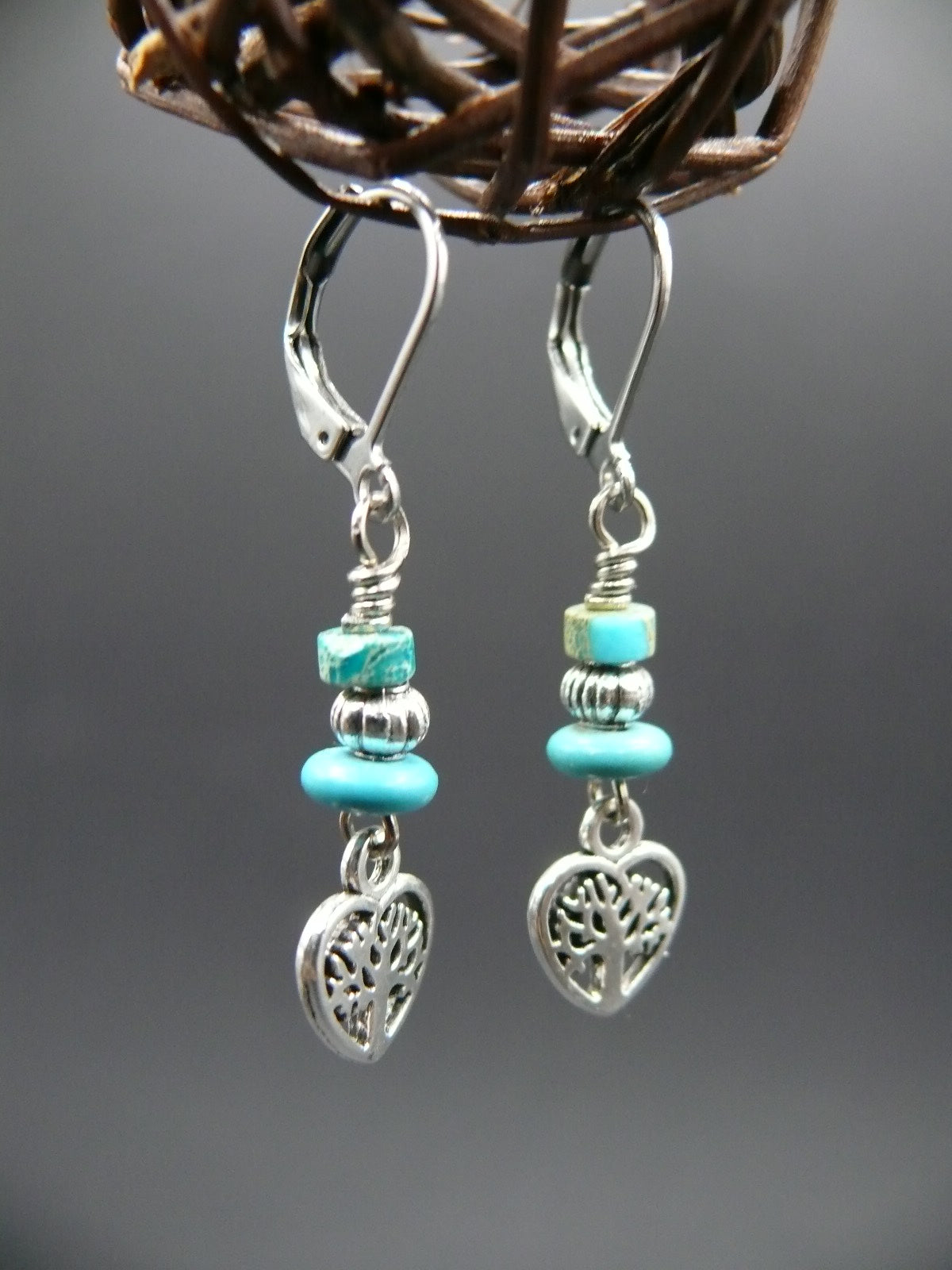 Jasper and heart tree of life dangle earrings