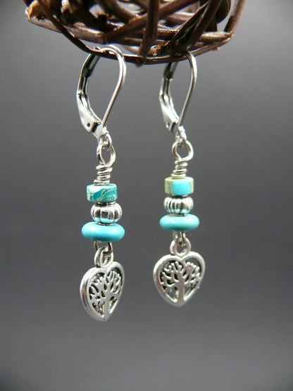 Jasper and heart tree of life dangle earrings