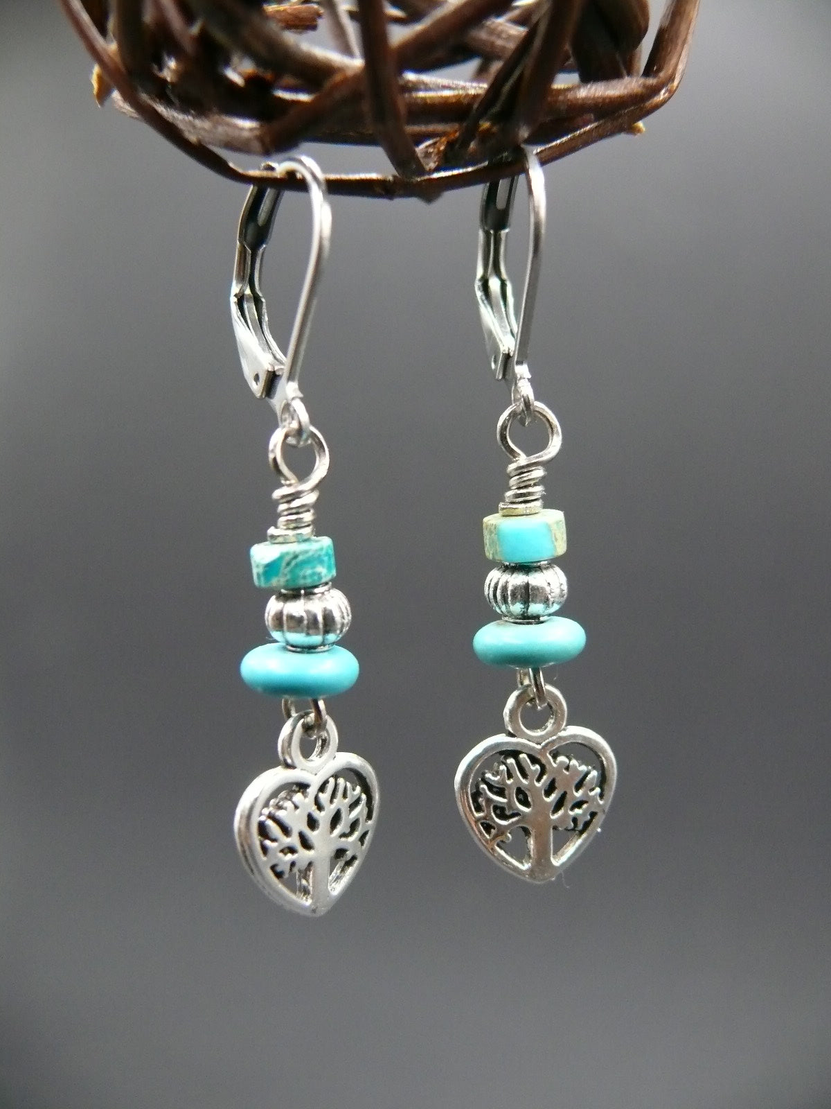 Jasper and heart tree of life dangle earrings