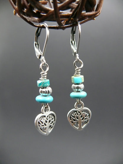 Jasper and heart tree of life dangle earrings