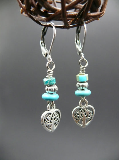 Jasper and heart tree of life dangle earrings