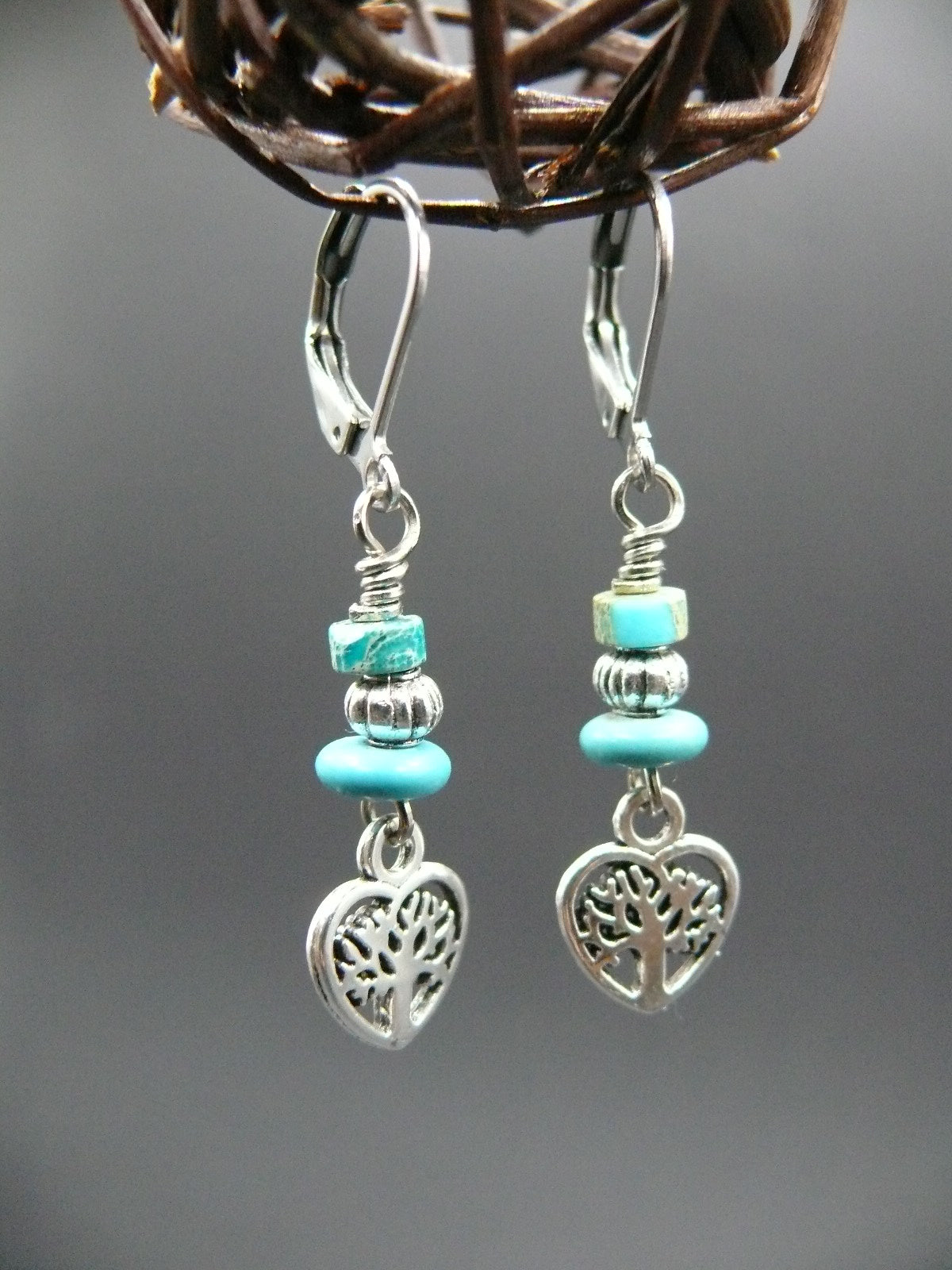 Jasper and heart tree of life dangle earrings