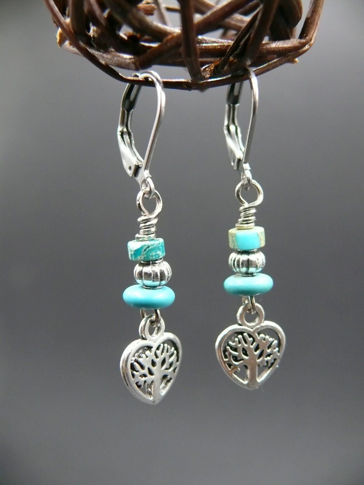 Jasper and heart tree of life dangle earrings