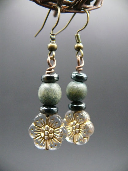 Beaded flower design dangle earrings