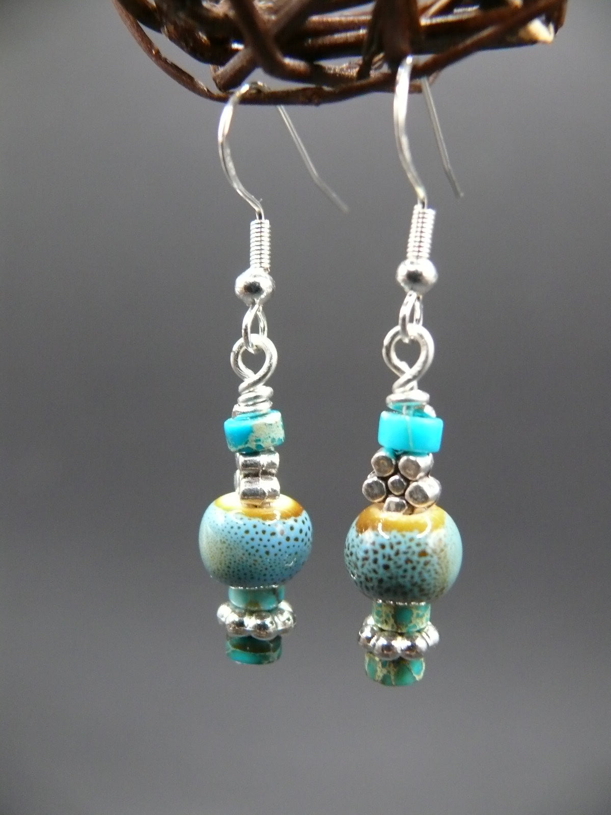 Sediment jasper and ceramic bead dangle earrings