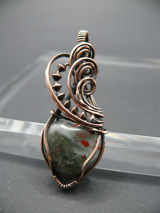 Heart shaped wire wrapped bloodstone gemstone pendant