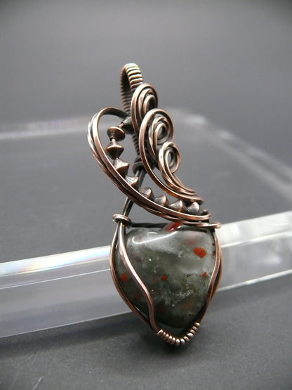 Heart shaped wire wrapped bloodstone gemstone pendant