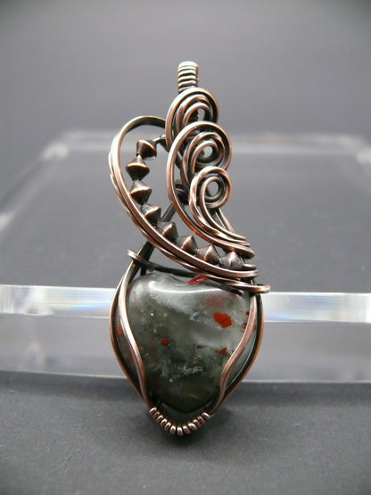 Heart shaped wire wrapped bloodstone gemstone pendant