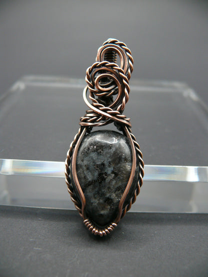 Copper wire wrapped shimmery larvikite pendant