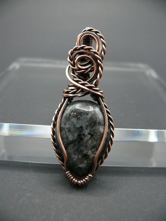 Copper wire wrapped shimmery larvikite pendant