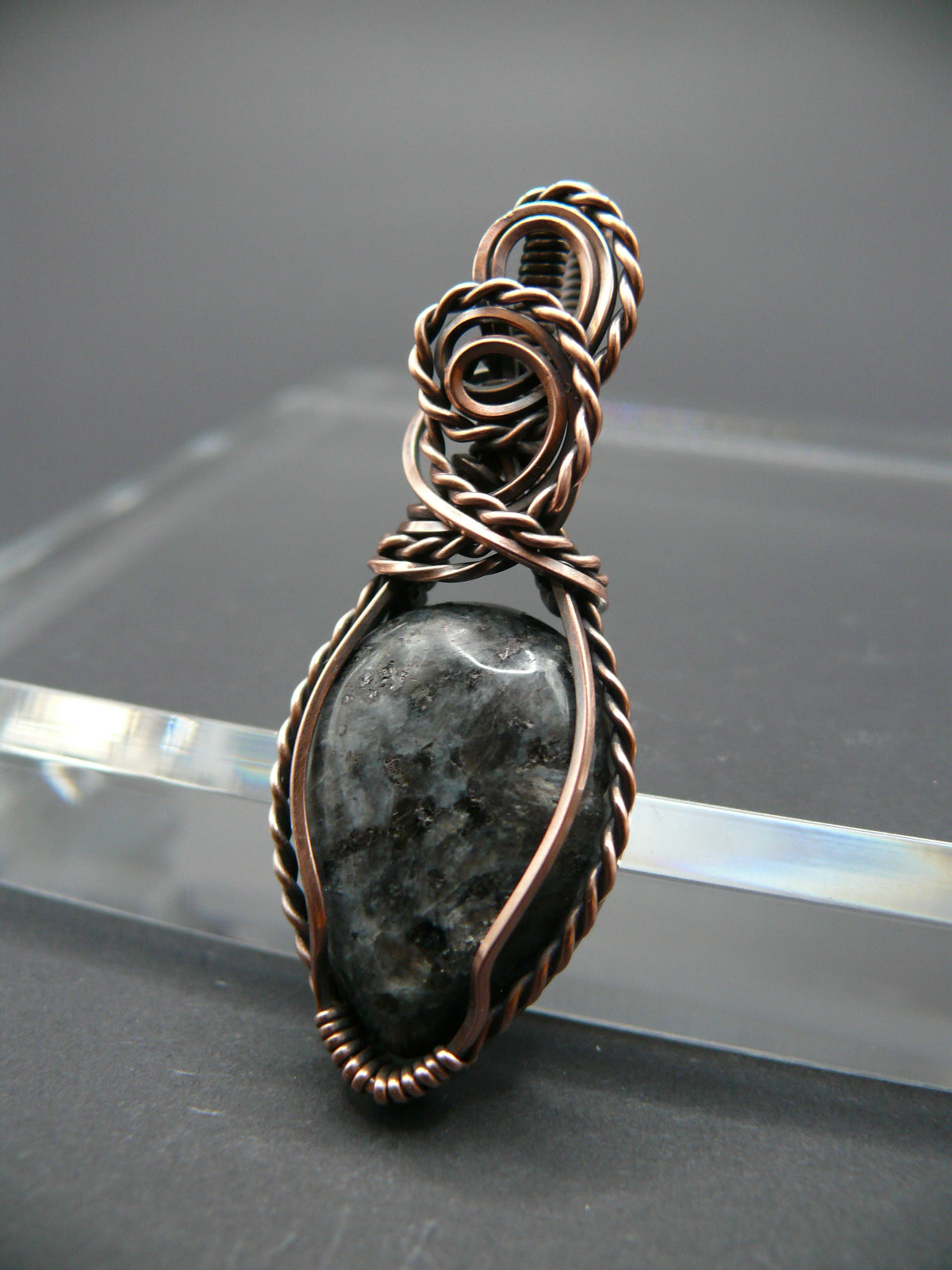 Copper wire wrapped shimmery larvikite pendant