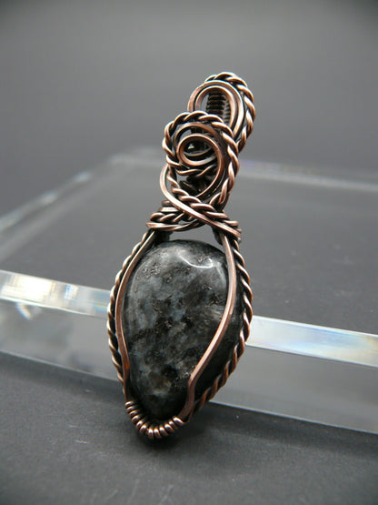 Copper wire wrapped shimmery larvikite pendant