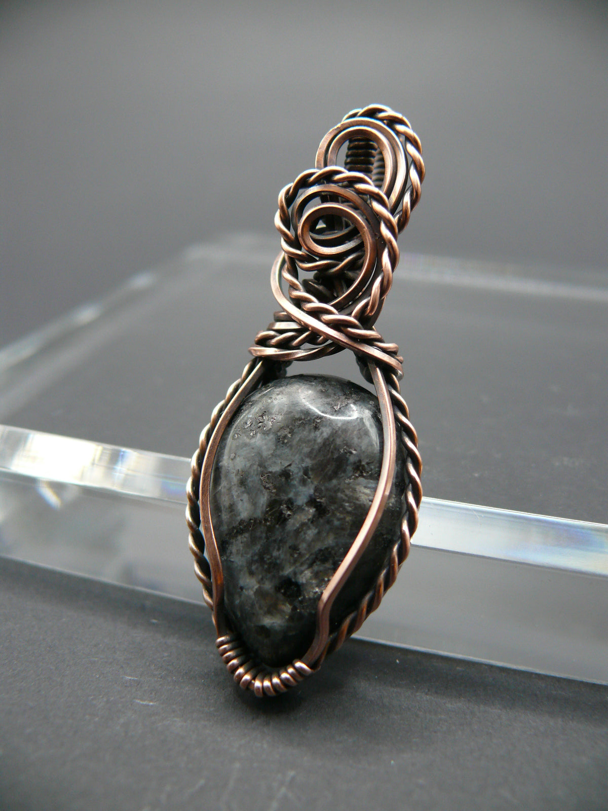 Copper wire wrapped shimmery larvikite pendant