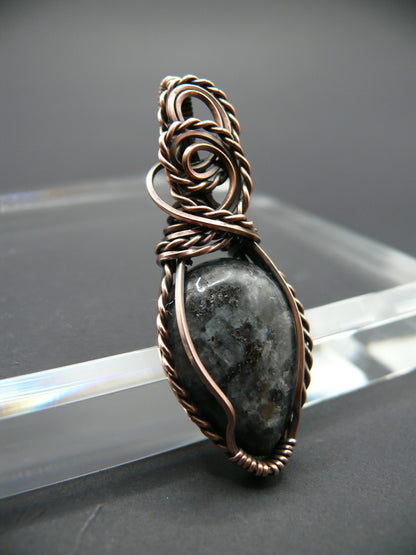 Copper wire wrapped shimmery larvikite pendant