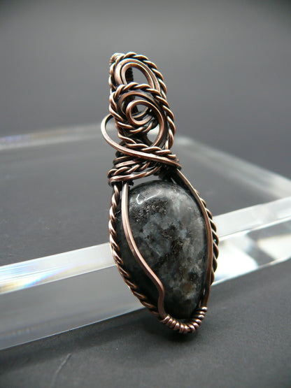 Copper wire wrapped shimmery larvikite pendant