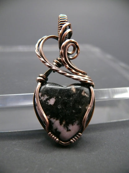 Rhodochrosite gemstone heart pendant in solid copper