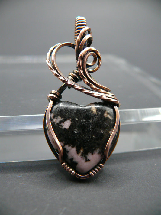 Rhodochrosite gemstone heart pendant in solid copper