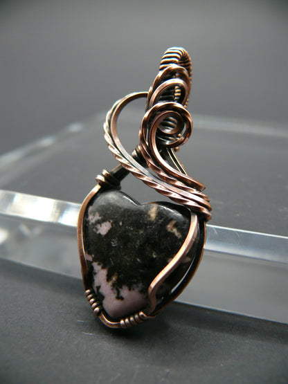 Rhodochrosite gemstone heart pendant in solid copper