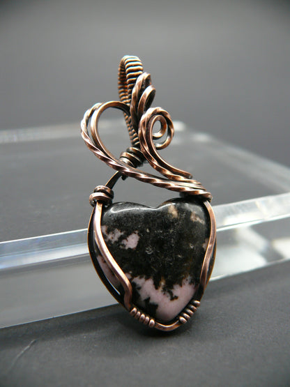 Rhodochrosite gemstone heart pendant in solid copper