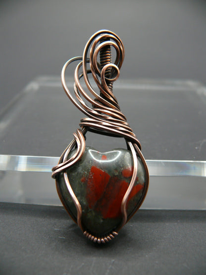 Heart shaped wire wrapped bloodstone pendant