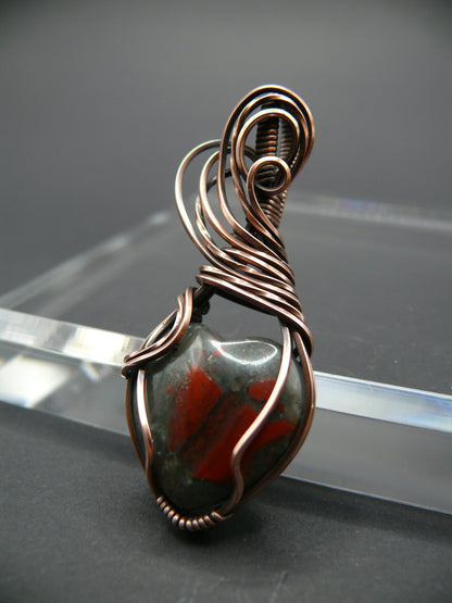 Heart shaped wire wrapped bloodstone pendant