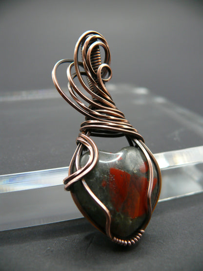 Heart shaped wire wrapped bloodstone pendant