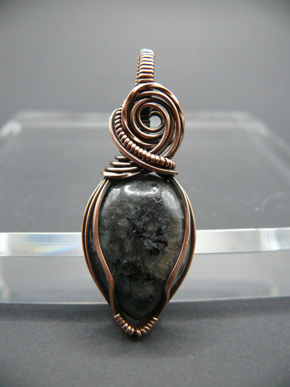 Copper wire wrapped larvikite pendant