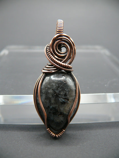 Copper wire wrapped larvikite pendant