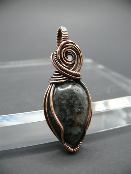 Copper wire wrapped larvikite pendant