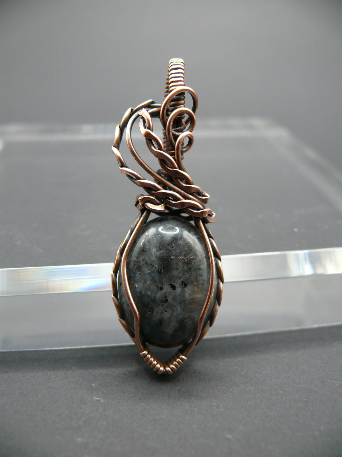 Copper wire-wrapped shimmery larvikite pendant